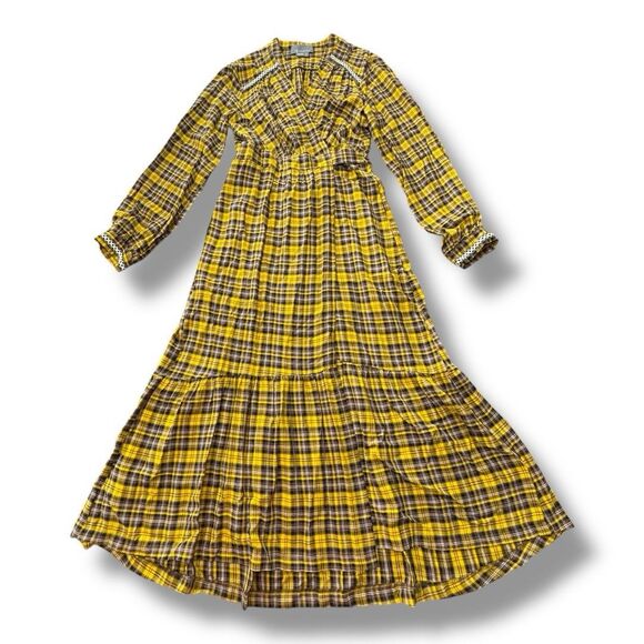 Anthropologie Dresses & Skirts - Anthropologie Dalton Wrap Dress Mustard Yellow Midi Tiered Plaid Women’s Size S